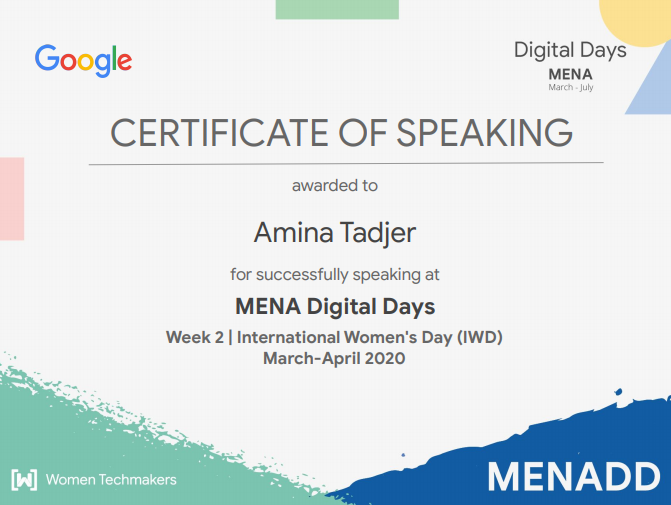 AminaTadjer's tweet photo. What a pleasure to be a speaker in this amazing initiative! 
My talk was about:Dealing with Imposter Syndrome
Thanks for everyone who contributed to make #MENADD the best!
@GoogleArabia @googledevs @gdgmena @GDG_Algiers @AlgiersWTM @abid_salim @Omranic #womenintech #WomenWhoCode https://t.co/YGKNbKpr0n