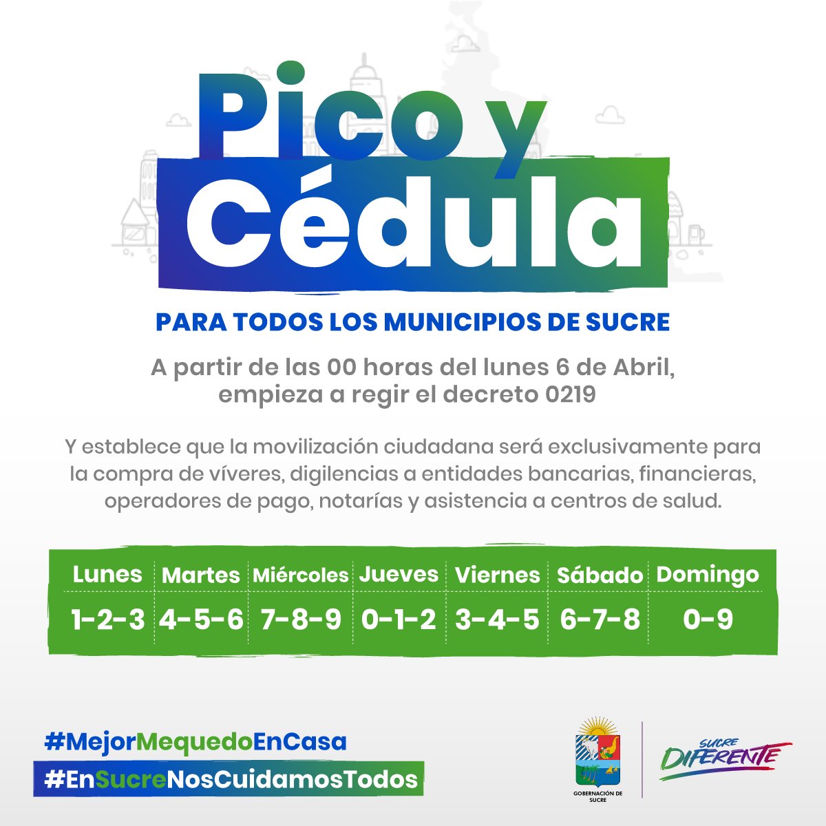 GobSucre's tweet photo. Desde mañana este será el #PicoYCédulaUnificado que empezará a regir en todos los municipios de Sucre. ¡Comprometidos evitaremos la propagación del COVID-19!

Por mí, Por tí, Por Todos.
#MejorMeQuedoEnCasa
#EnSucreNosCuidamosTodos https://t.co/mwdXi79Wz6