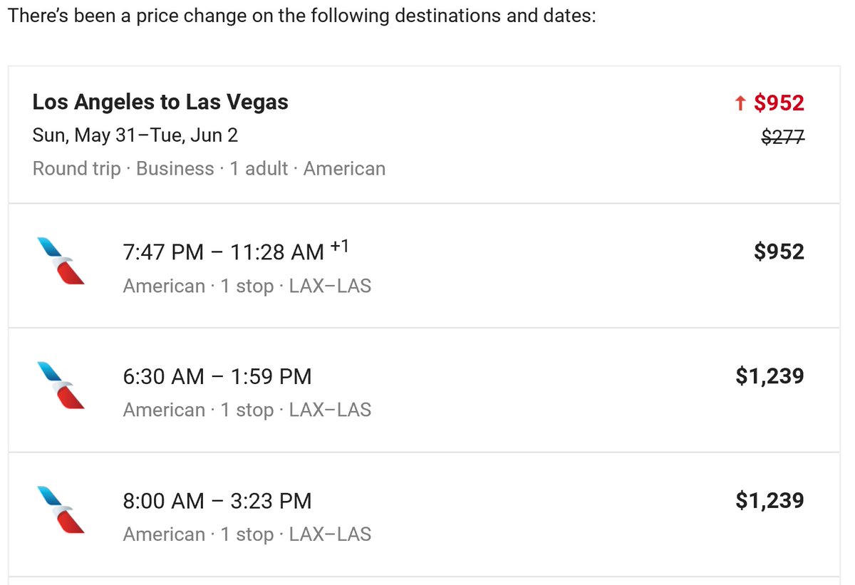 JohnnyJet's tweet photo. I set a fare alert back in January for a LAX-LAS flight to attend #IPW2020. The price just jumped on @AmericanAir (AA) since they pulled out of the market. LAX AA passengers now have to fly via PHX, DFW or ORD to get to LAS! https://t.co/G2hQ5Qw6tC