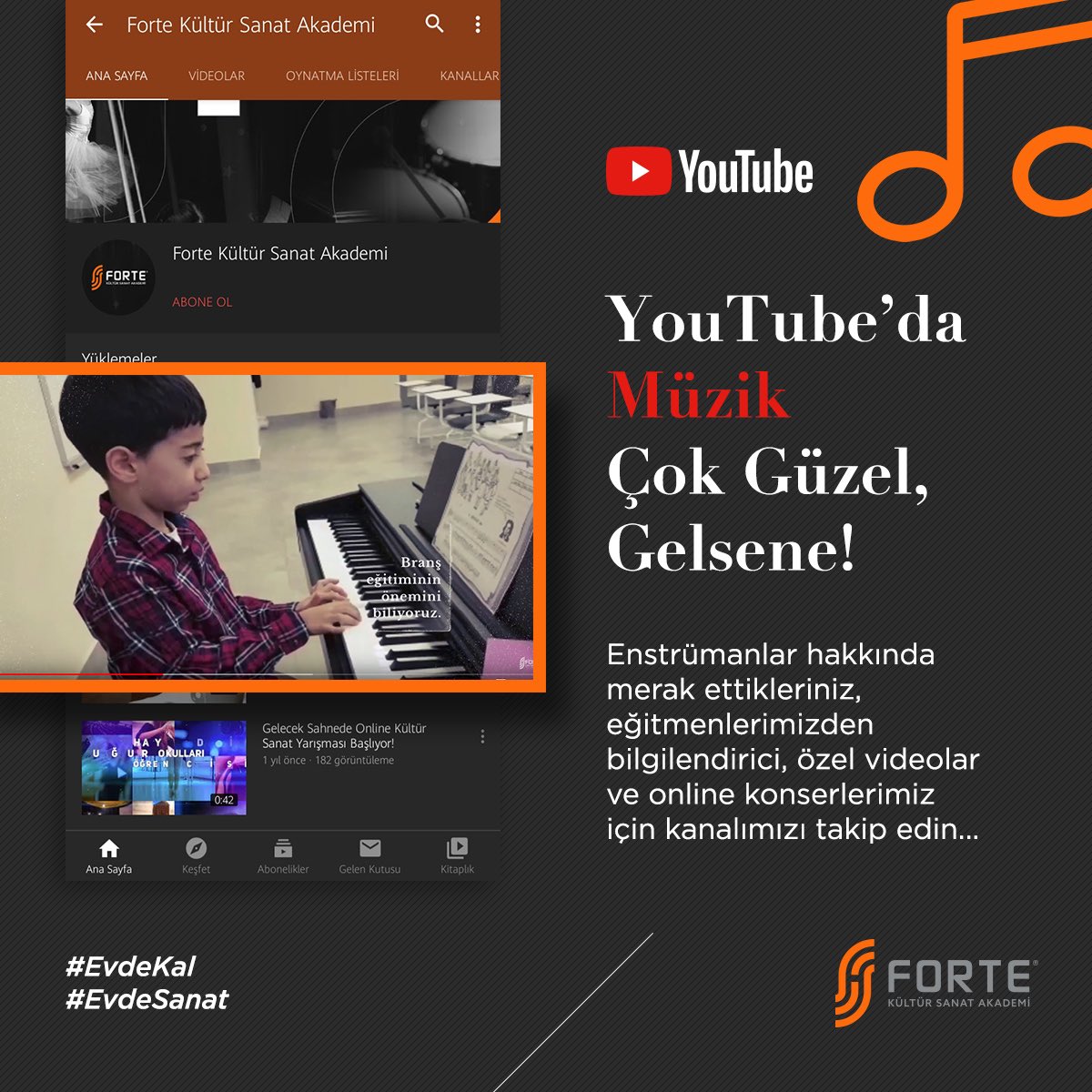 forteakademi's tweet photo. Online eğitimlerimizin yanı sıra öğrencilerimiz ve sanat severler için hazırladığımız videolara #ForteAkademi youtube kanalından ulaşabilirsiniz. Youtube kanalımıza erişmek için https://t.co/VYlo73ebuJ linkine tıklamanız yeterlidir. Abone ol butonuna tıklamayı da unutmayın😉 https://t.co/J9TCtrKZAs