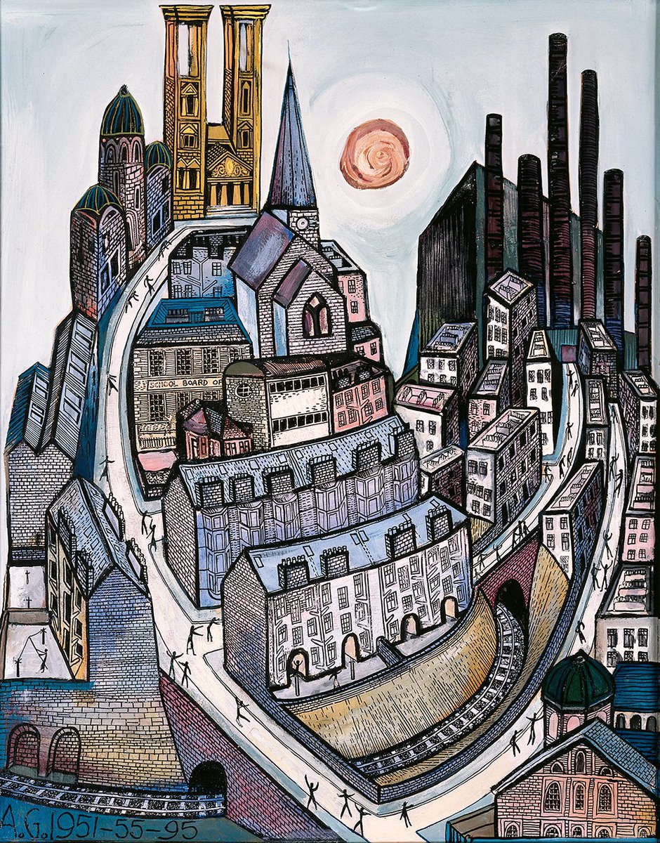 "The City: Version Two" (1951) by Alasdair Gray.A. Gray's paintings carry multiple perspectives, as in one my favorites, The City, which he made when he was fifteen. The twin-towered building was from the theological college on Park Circus, now converted to luxury flats.