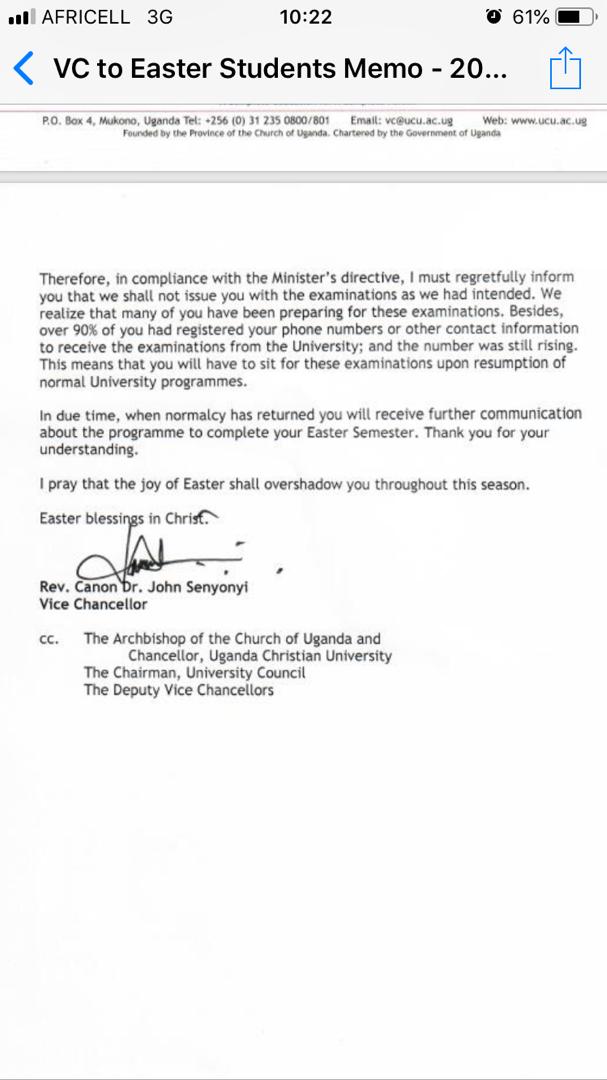 uculaw's tweet photo. Following the directive by the Ministry of Education, we regretfully inform our students that there will be no take home examinations. Students will complete the semester and do exams once the school resumes. 
Below is the full statement from the Vice Chancellor. https://t.co/EqtH8k9z0k