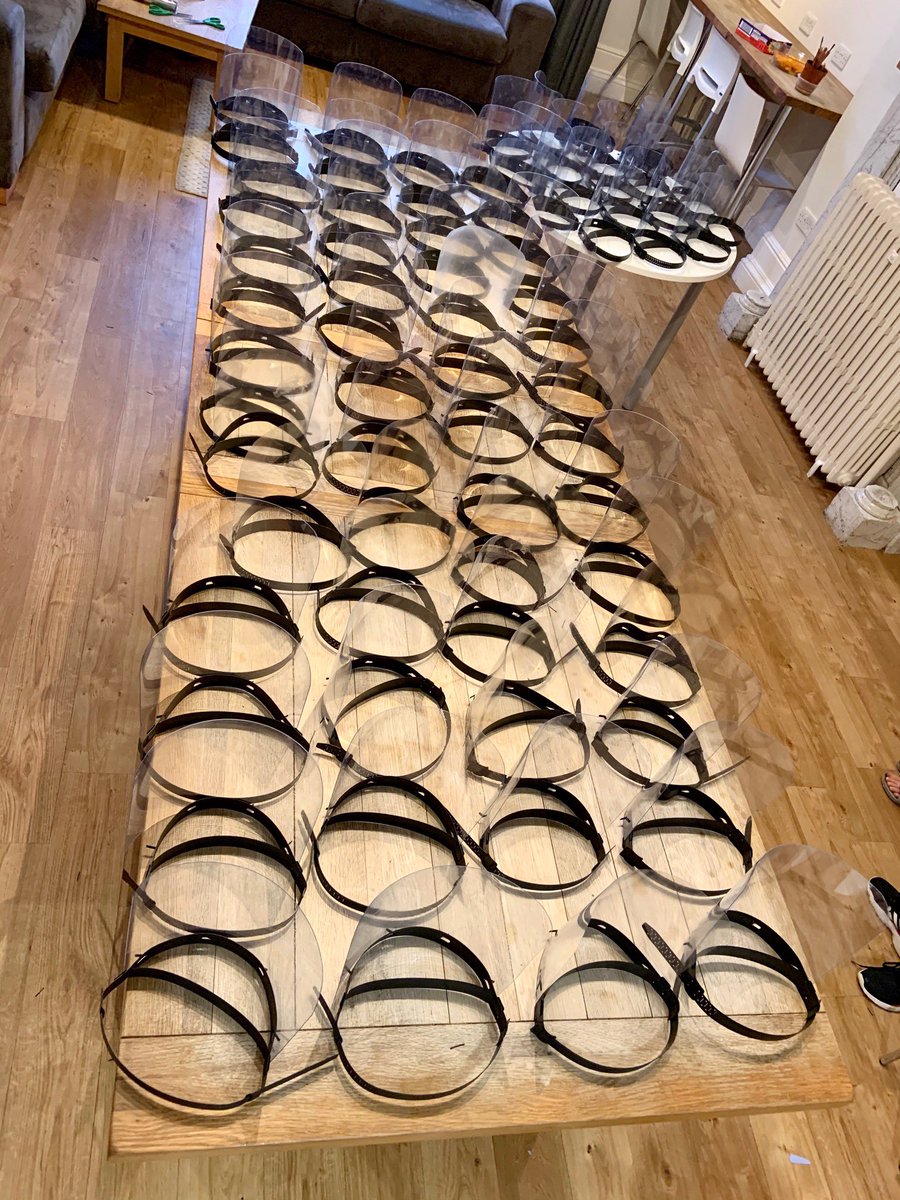 PlymouthCollege's tweet photo. Truly fantastic job by our DT department &amp; @PlymColBoarding  pupils who made 75 face shields yesterday. They’re being collected shortly to help our #NHSheroes. If anybody can supply sheets of thin PP and Acetate, approx 240 micron, please DM &amp; we will make more! #NHSThankYou https://t.co/zjoe502etp