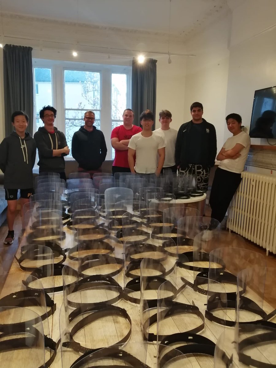 PlymouthCollege's tweet photo. Truly fantastic job by our DT department &amp; @PlymColBoarding  pupils who made 75 face shields yesterday. They’re being collected shortly to help our #NHSheroes. If anybody can supply sheets of thin PP and Acetate, approx 240 micron, please DM &amp; we will make more! #NHSThankYou https://t.co/zjoe502etp