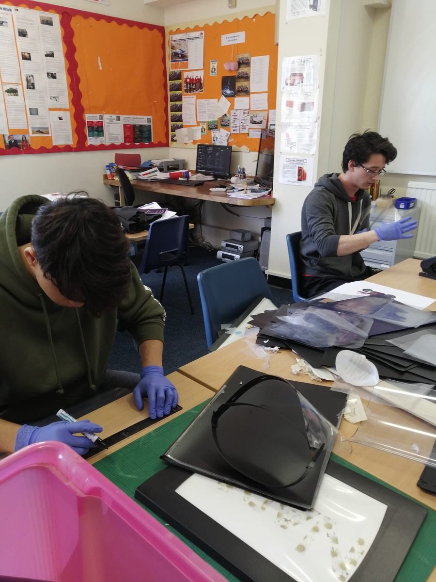 PlymouthCollege's tweet photo. Truly fantastic job by our DT department &amp; @PlymColBoarding  pupils who made 75 face shields yesterday. They’re being collected shortly to help our #NHSheroes. If anybody can supply sheets of thin PP and Acetate, approx 240 micron, please DM &amp; we will make more! #NHSThankYou https://t.co/zjoe502etp