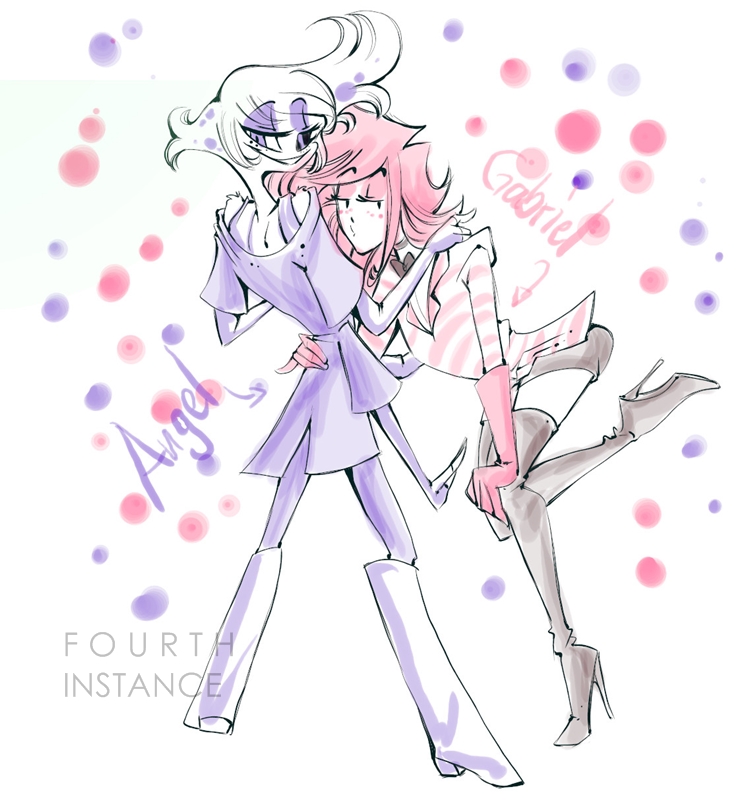 HasiAnn4I's tweet photo. Request from @nachoupala 
"Angel and Gabriel with switched outfits"

Additionally I switched their whole style. I love Angel with this curly hair and Gabriel with a drag wig.

#AngelDust #HazbinHotel by @VivziePop 
#FourthInstance #GabrielFourthInstance by @HasiAnn4I https://t.co/CPxCtPkuYa