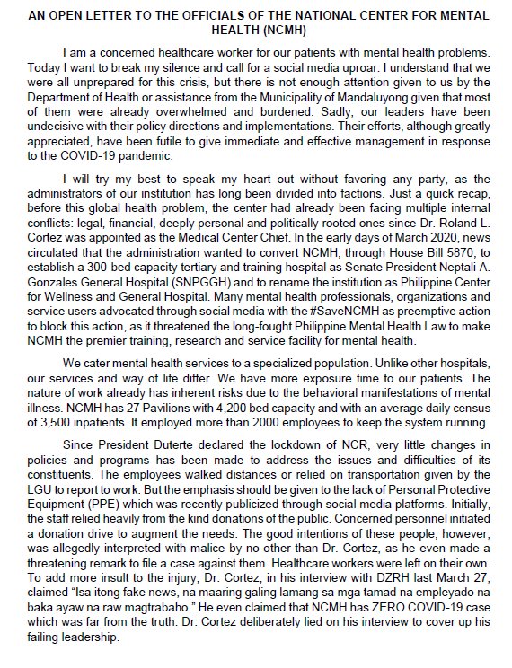 NCMHWarrior's tweet photo. Our healthcare workers and patients from the National Center for Mental Health (NCMH) needs your support. You can help us by simply retweeting. Help Sisa's cry be heard. https://t.co/dna03WfaxV