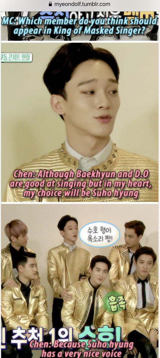 here are just a few the million ways Jongdae has supported Junmyeon over the years:-said Junmyeon['s voice] is his favourite & wants to see him on King of Masked Singer-attended the VIP premiere of Glory Day, Junmyeon's movie-watched The Last Kiss, Junmyeon's first musical