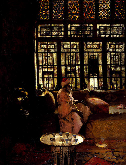 "An Arab Interior" (1881) by Artur MelvilleMelville's experiences in Egypt inspired his fascination with the decorative potential of light and shadow. He explored the exquisite, scintillating patterns of the Musharabeyah woodwork of this Arab interior.