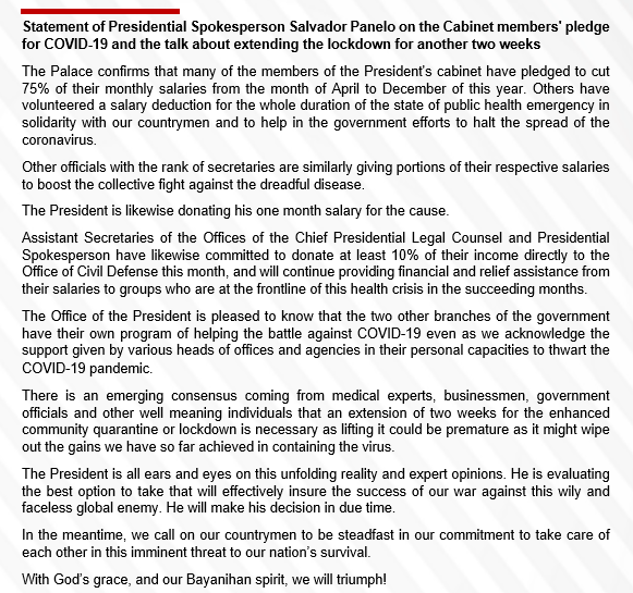 Presidential Spokesperson Salvador Panelo confirms President Rodrigo Duterte is donating a month of his salary for COVID-19 response.Follow our live blog for updates:  http://bit.ly/2x6r7UL 