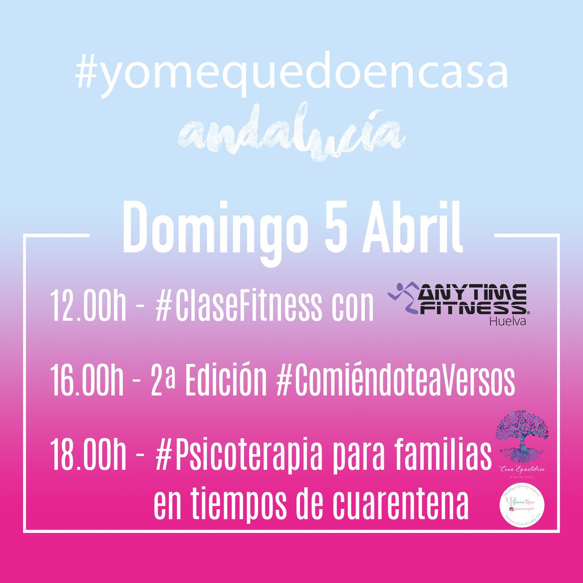 Mequedoncasa's tweet photo. ➡️ A las 12.00h Clase de Yoga con Alicia de @anytimefitnesshuelva 🏋🏻‍♀️🏋🏻‍♂️
➡️ A las 16.00h 2.ª Edición #Comiéndoteaversos 📚
➡️ A las 18.00h #Psicoterapia - " Familias en tiempos de cuarentena" en directo en sus cuentas de Instagram @laurarodriguezpsico y @gemaruizpsi ⚖
Vamos👑🦠👊🏻 https://t.co/upxJTQbl5n