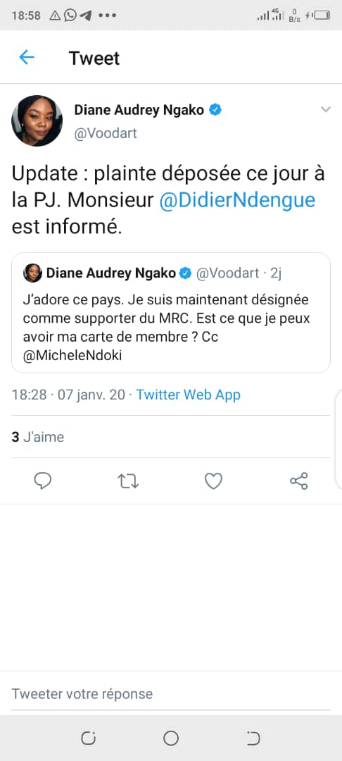 GaelArsene's tweet photo. Diane Audrey Ngako, tu continues de mentir comme une enfant. Tu dis que tu as été convoquée à la PJ, mais tu oublies de préciser que c'est toi qui a porté plainte contre un jeune journaliste! Voici ton tweet que j'avais gardé. Tu n'as pas honte ? MENTEUSE ! https://t.co/id0DuvgXYe