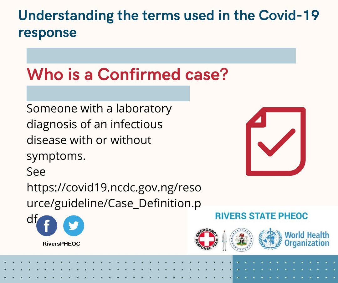 RiversPHEOC's tweet photo. Many words that may be new/unfamiliar are being used in this outbreak response. Learn what #suspectedcase #confirmedcase #SelfIsolation and #Quarantine mean and avoid any confusions. #FactsNotFear #COVID19Nigeria @NCDCgov https://t.co/d5sphrcBCM