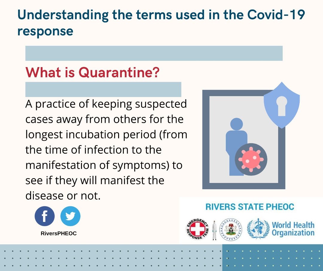 RiversPHEOC's tweet photo. Many words that may be new/unfamiliar are being used in this outbreak response. Learn what #suspectedcase #confirmedcase #SelfIsolation and #Quarantine mean and avoid any confusions. #FactsNotFear #COVID19Nigeria @NCDCgov https://t.co/d5sphrcBCM
