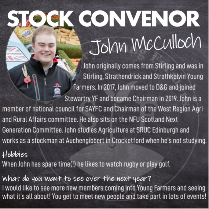 StewartryYF's tweet image. 🌟 STOCK CONVENOR 🌟 John has been a member of Stewartry Young Farmers for 3 years. John has a passion for livestock and will be helping organising stock judgings for the club this year. 

#teamstewy #dumfriesandgalloway #youngfarmers