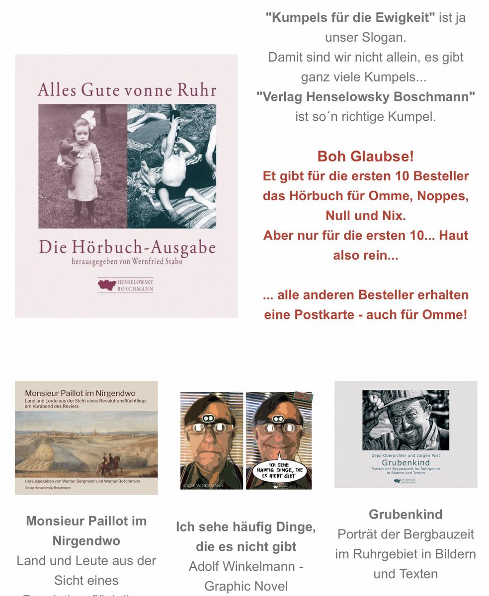Wir haben zusammen mit dem
 „Verlag Henselowsky Boschmann“ etwas für die Zeit „inne Bude“ zusammengestellt. Und weil die Temperatur schon wieder die 
T-Shirtzeit einläuten, gleich die passenden Shirts erstellt...

nl.ruhrgebietsladen.de/mailing/130/27…

#StayAtHome #Ruhrpott #buecherhamstern