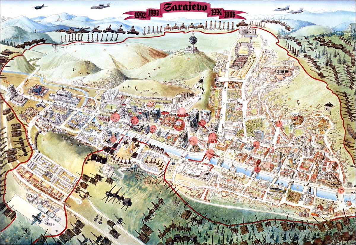 Pictorial map of the siege of Sarajevo. Shows the siege forces which encircled the city and surrounding hills with weapons that included artillery, mortars, tanks, heavy machine-guns, rocket launchers, aircraft bombs, etc. [  @FAMACollection]