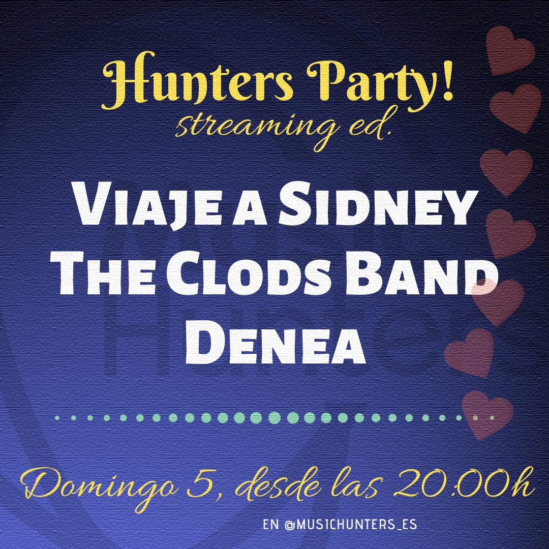 🎉¡Que sí, que esto es hoy! 🎉

¡Esta tarde-noche os esperan a partir de las 20:00h, en nuestra cuenta de IG y por este orden: <a href="/SidneyViaje/">Viaje a Sidney</a> , <a href="/ClodsBand/">The Clods Band</a> y <a href="/DeneaBand/">Denea</a>! 

¡Conectaos para vivir un final de domingo lleno de muy buen rollo y mejores canciones! ❤🎶.
