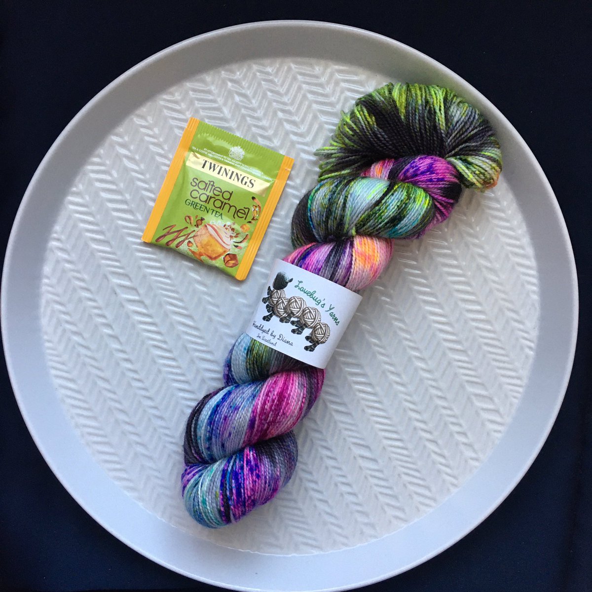 knitmastery's tweet photo. I had 3 #OperationSJW yarn purchases arrive, along with some soap from @thesoapdairy - all now in quarantine for a few days. The skein on the starry plate is from For the Love of Yarn, the other is from Love Bugs Yarns - both indie dyers based in Scotland. Funky socks ahead! 3/? https://t.co/fQmLKxr3Qe