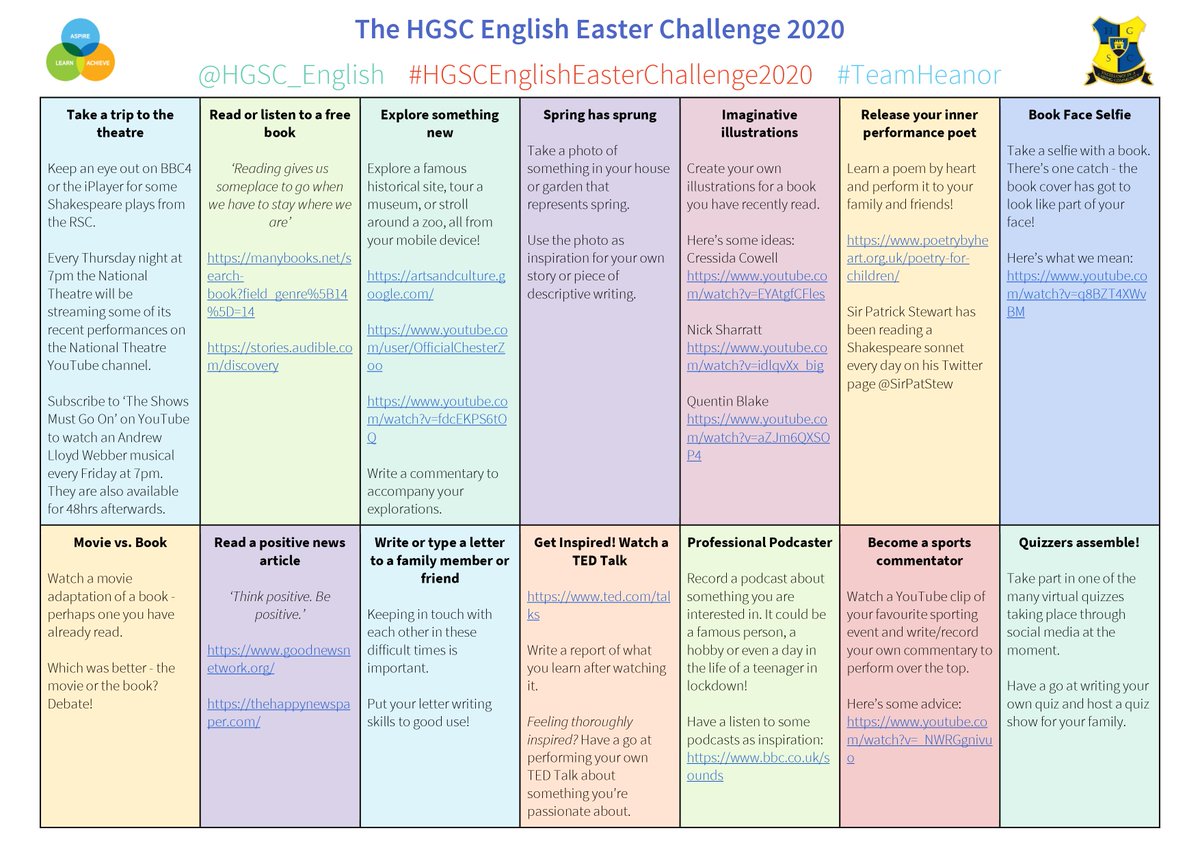 HGSA_English's tweet photo. We're proud to announce the #HGSCEnglishEasterChallenge2020 - Tweet us with photos of the challenges you complete this Easter! Keep an eye out on here, you might see some familiar faces attempting the challenges, too! (Web links on Google Classroom) #StayHomeSaveLives #TeamHeanor https://t.co/LiAAXi9UHO