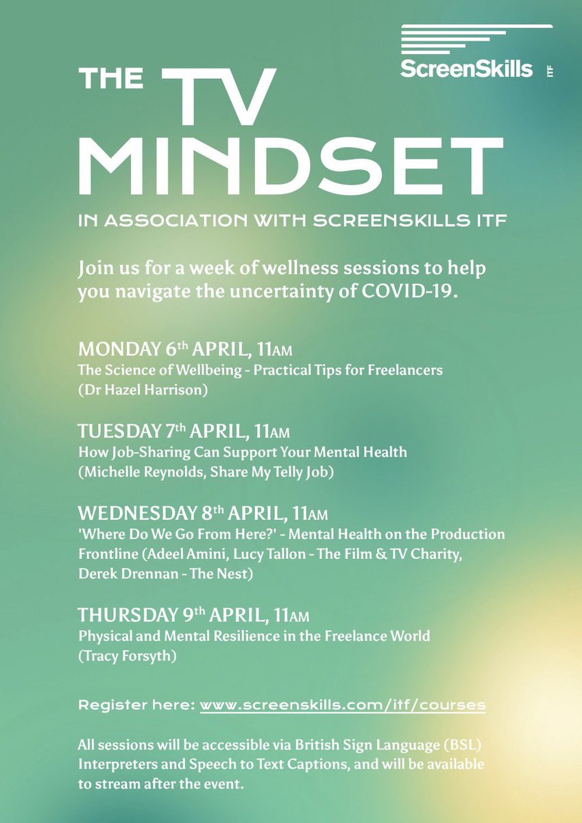 Just a reminder that these free sessions start tomorrow, each designed to help you if you’re mentally struggling at the moment in some way. 

You can book here: screenskills.com/itf/courses - don’t worry if any are fully booked as we will also live stream on Facebook.