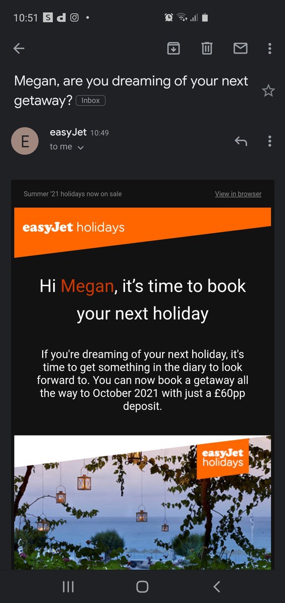 MeganBrady91's tweet photo. @easyJet completely understand how this pandemic has affected airlines. But surely msgs like these shouldn't be sent until all holidays that were cancelled are refunded. Still waiting and my hol should've ended today. Meanwhile I get something like this daily 🙄 https://t.co/o8nSLozZRX