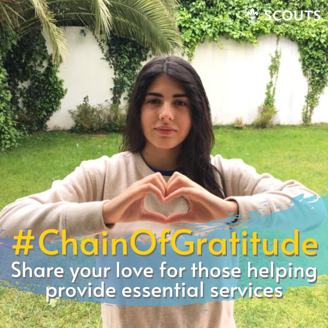 worldscouting's tweet photo. 💜 Let's create a ripple effect of thanks across the 🌎 with a #ChainOfGratitude! 💜

👉🏽Post a photo (like this👇) + words of support reminding workers providing essential services that we appreciate them.

Use #ChainOfGratitude to join the chain: https://t.co/crsPilB3k2 #JOTI https://t.co/s5Jns9qLGV