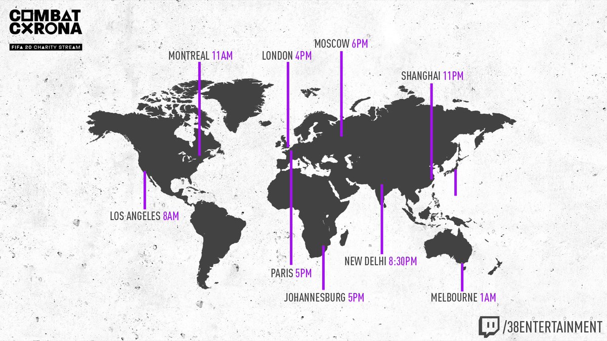 #CombatCorona kick in just 5 hours time.
Here's the starting times for around the world 🌍

🇺🇸Los Angeles: 8AM
🇨🇦Montreal: 11AM
🇬🇧London: 4PM
🇫🇷Paris: 5PM
🇿🇦Johannesburg: 5PM
🇷🇺Moscow: 6PM
🇮🇳New Delhi: 8:30PM
🇨🇳Shanghai: 11PM
🇯🇵Tokyo:  12AM
🇦🇺Melbourne: 1AM