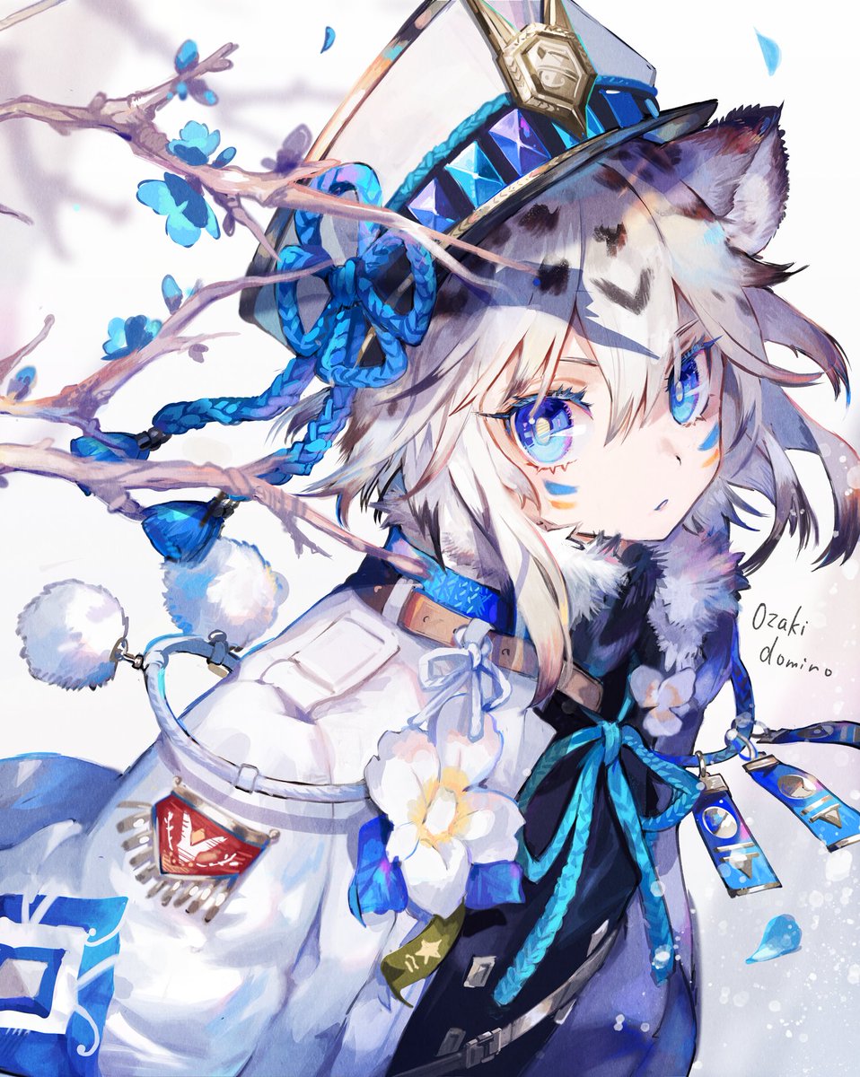 animal ears blue eyes hat white hair solo tiger ears looking at viewer  illustration images