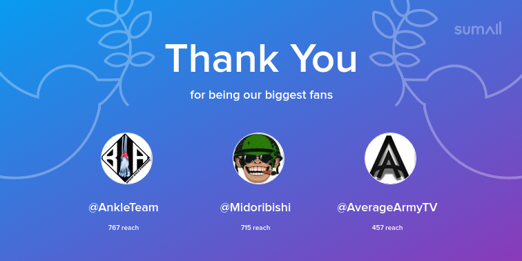 KnowBottyTTV's tweet photo. Our biggest fans this week: AnkleTeam, Midoribishi, AverageArmyTV. Thank you! via https://t.co/jRO4hGvLPC https://t.co/QxgYm2XYQO