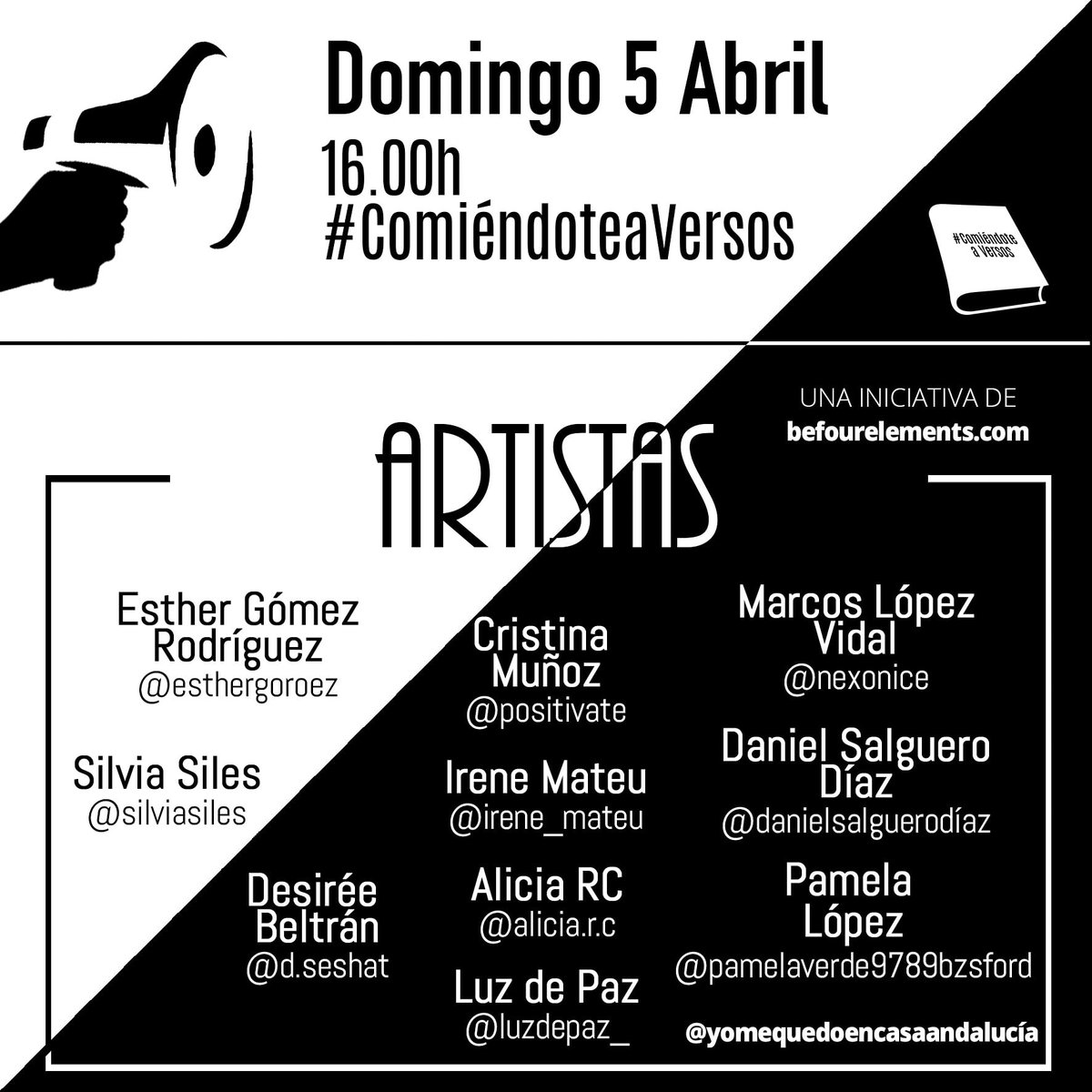 Mequedoncasa's tweet photo. 📣 Os traemos la 2.ª Edición de #Comiéndoteaversos 📣
10 Artistaz@s que vienen a hacernos el domingo bonito!
➡️ A las 16.00h No os lo perdáis en nuestro Canal de YouTube • Be FourElements o en nuestra Web • https://t.co/HXIsBoFQ5X 🤩
¡Vamos! 👑🦠👊🏻 https://t.co/YLMepT9z1Z