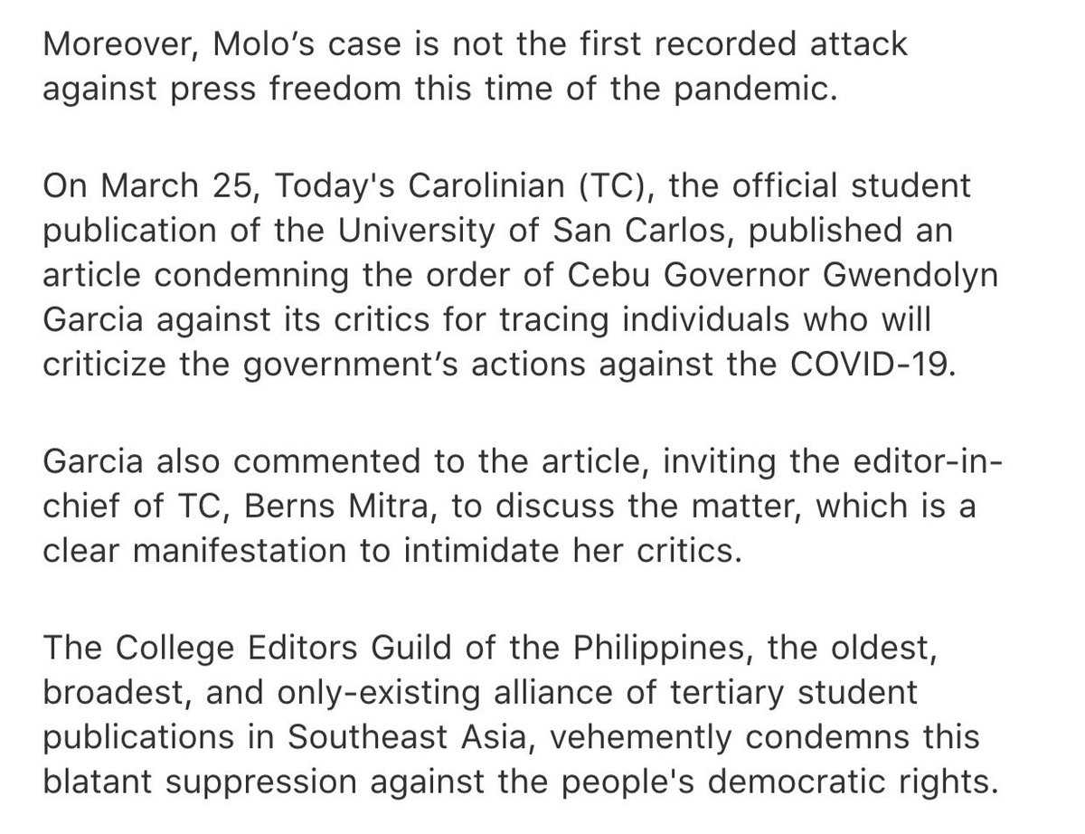 College Editors Guild of PH condemns "blatant suppression" of democratic rights after the EIC of UE Dawn was forced to apologize over a Facebook post criticizing PRRD's handling of  #COVID19. His ex-teachers allegedly accused him of cyber libel, complained to brgy.