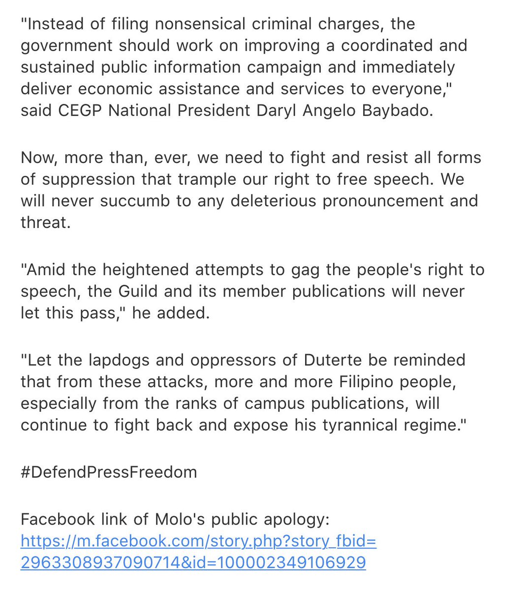 College Editors Guild of PH condemns "blatant suppression" of democratic rights after the EIC of UE Dawn was forced to apologize over a Facebook post criticizing PRRD's handling of  #COVID19. His ex-teachers allegedly accused him of cyber libel, complained to brgy.