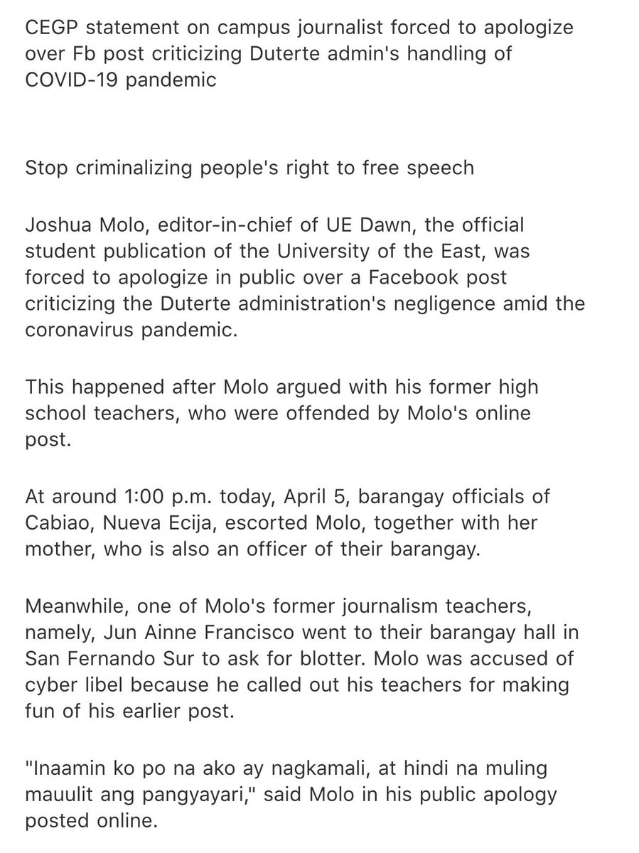 College Editors Guild of PH condemns "blatant suppression" of democratic rights after the EIC of UE Dawn was forced to apologize over a Facebook post criticizing PRRD's handling of  #COVID19. His ex-teachers allegedly accused him of cyber libel, complained to brgy.