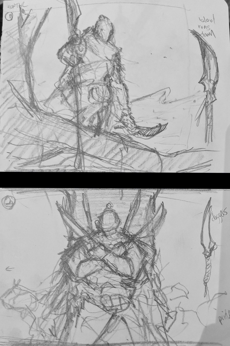 Here are my (hilariously loose) pencil sketches for this guy and a 3D blockout I did to figure out the lighting and composition. Also a WIP so you can actually see his face before the costume was finished :) 