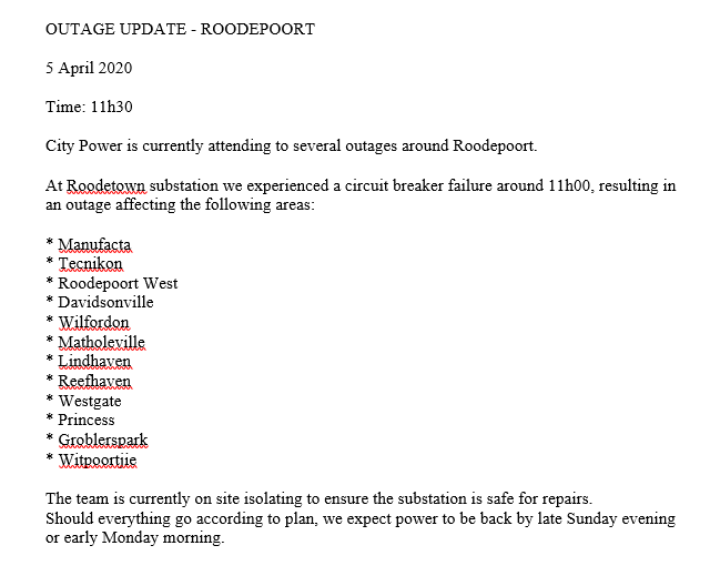 Citypowerjhb On Twitter Outageupdate Roodepoort Please See The Attached Dr