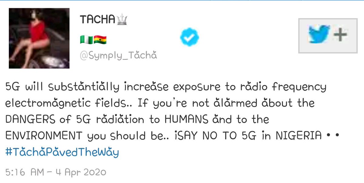 In a tweet Tacha a popular former BBNaija housemate said that " 5G will substantially increase exposure to radio frequency electromagnetic fields.. If you’re not alarmed about the DANGERS of 5G radiation to HUMANS..."