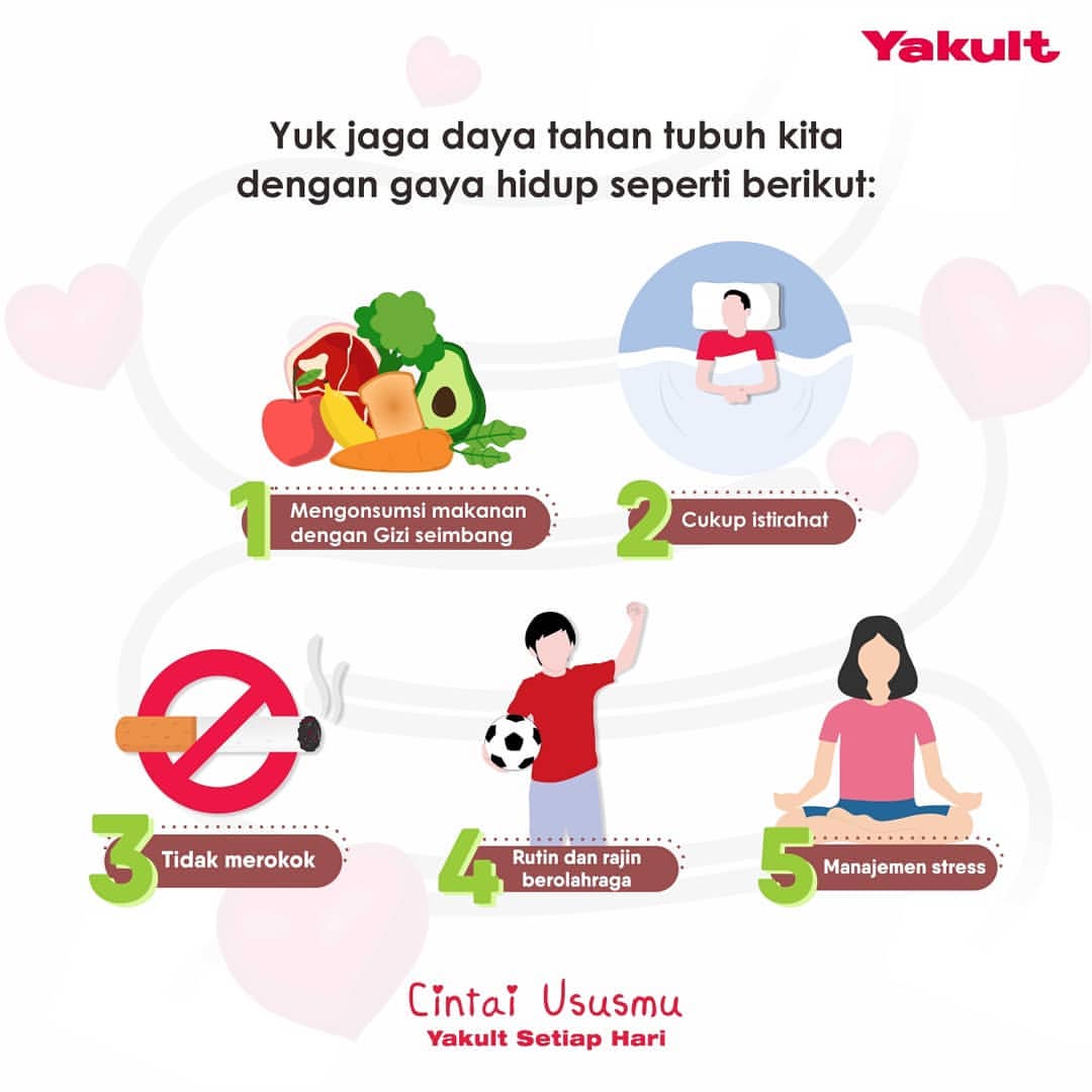 Hallo Yakult Family!
Mari menerapkan gaya hidup di atas agar daya tahan tubuh kita selalu terjaga 
<a href="/yakultindonesia/">Yakult Indonesia</a>
#Yakult #YakultIndonesia #CintaiUsusmu #YakultSetiapHari #KebaikanYakult
#bincangsehatyakult