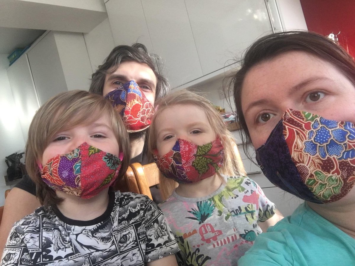 oxfordmutualaid's tweet photo. As well as coordinating support, the incredible @MissMess89 has been sewing masks for our support team. 

Check out one of other our support leads @MLeaconnally looking stylish and protected here with John, and with Tommy G and Augie Lea wearing special kids versions! https://t.co/UjGrI4pSHj