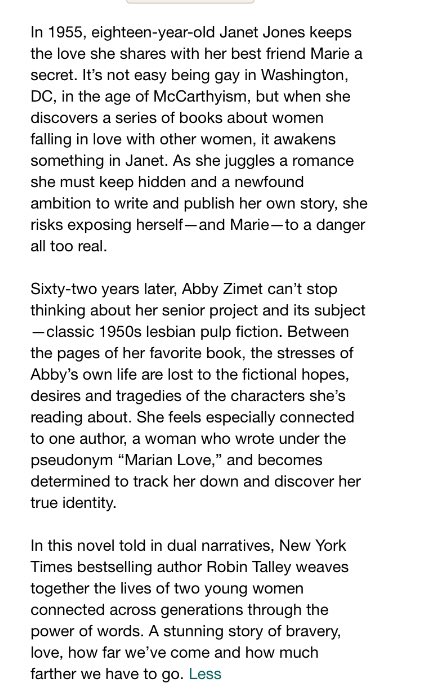 Abby Zimit and Janet Jonesboth are lesbiansAbby tries to get over her ex and to find Janet after getting obsessed by her lesbian pulp books, while in the past Janet tries to survive as lesbian in love with her best friend.  Pulp by Robin Talley  https://www.goodreads.com/book/show/32970644