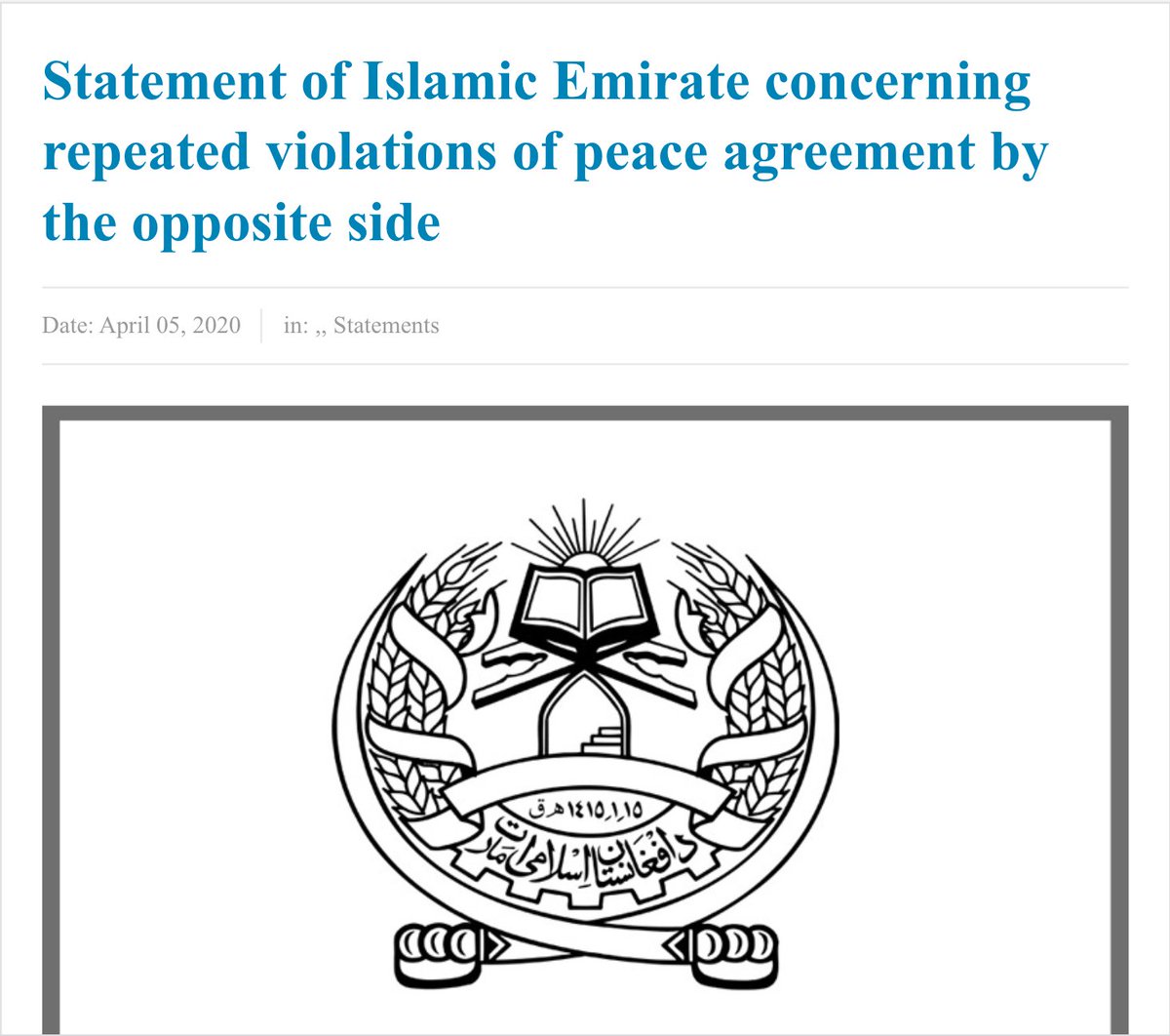 1. The Taliban released a statement accusing the Afghan government & U.S. of violating the Feb. withdrawal agreement. The Taliban notes (correctly) that nothing in the accord prohibited them from continuing to launch attacks, but the group says it's focused mainly on rural areas.