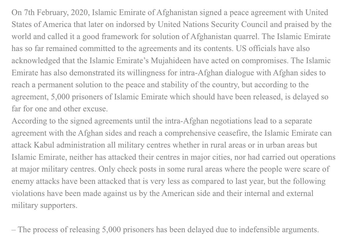 1. The Taliban released a statement accusing the Afghan government & U.S. of violating the Feb. withdrawal agreement. The Taliban notes (correctly) that nothing in the accord prohibited them from continuing to launch attacks, but the group says it's focused mainly on rural areas.