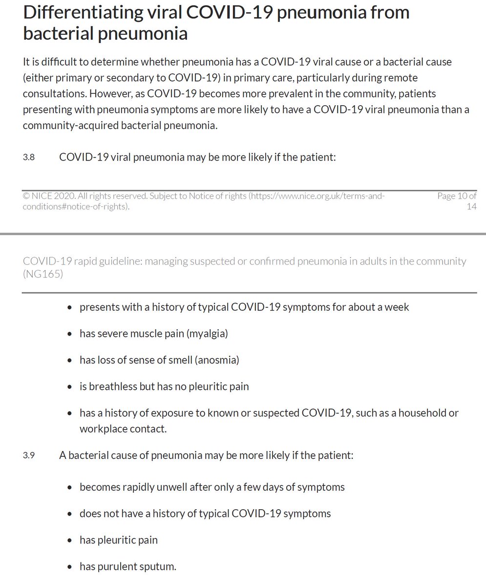  @NICEComms guidance on differentiating viral  #COVID19 pneumonia from bacterial pneumonia. History is key.Don't offer abx treatment/prevention of pneumonia if  #COVID19 likely cause & mild symptomsIf abx needed, 1st choice doxycyclineDo not routinely use dual abxThread 3/10