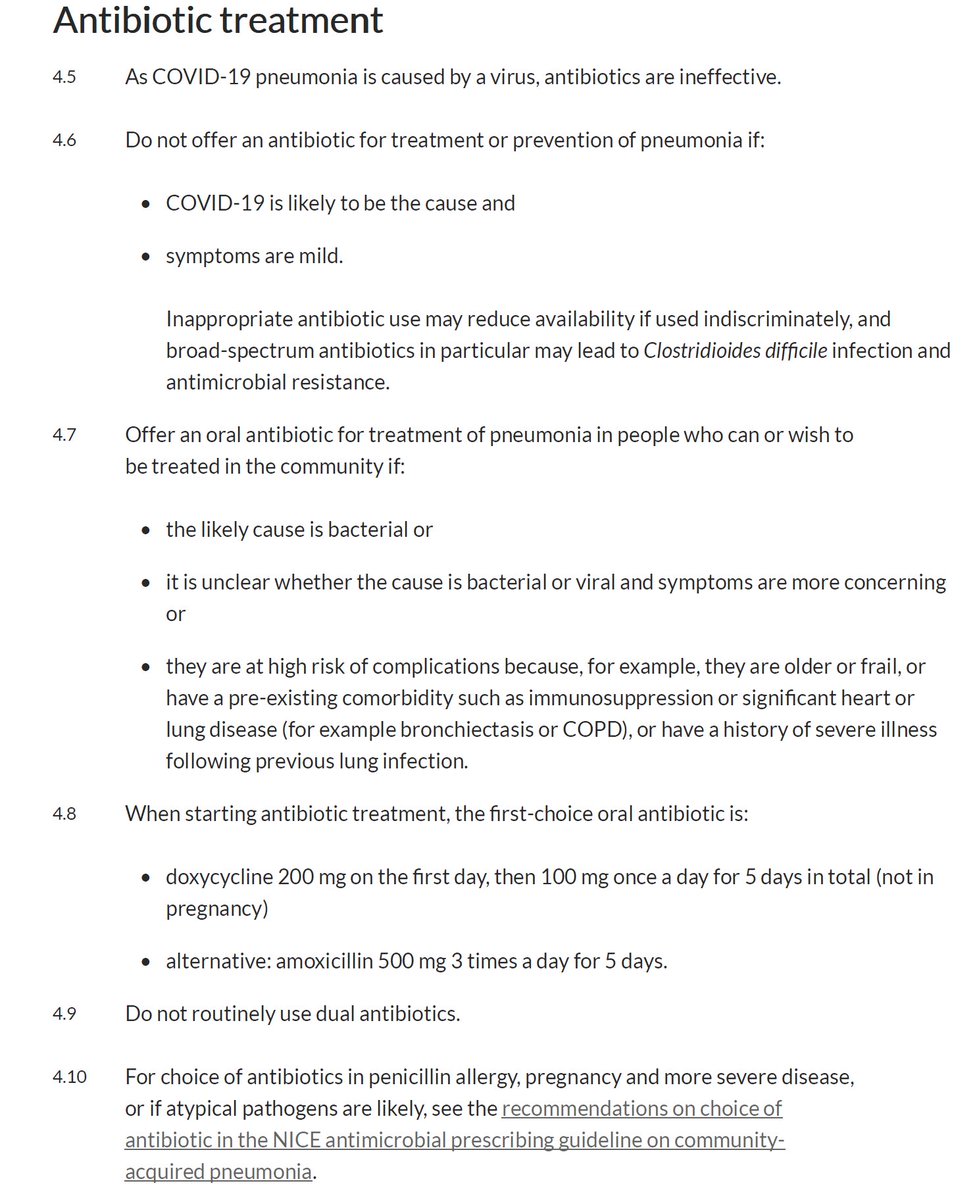  @NICEComms guidance on differentiating viral  #COVID19 pneumonia from bacterial pneumonia. History is key.Don't offer abx treatment/prevention of pneumonia if  #COVID19 likely cause & mild symptomsIf abx needed, 1st choice doxycyclineDo not routinely use dual abxThread 3/10