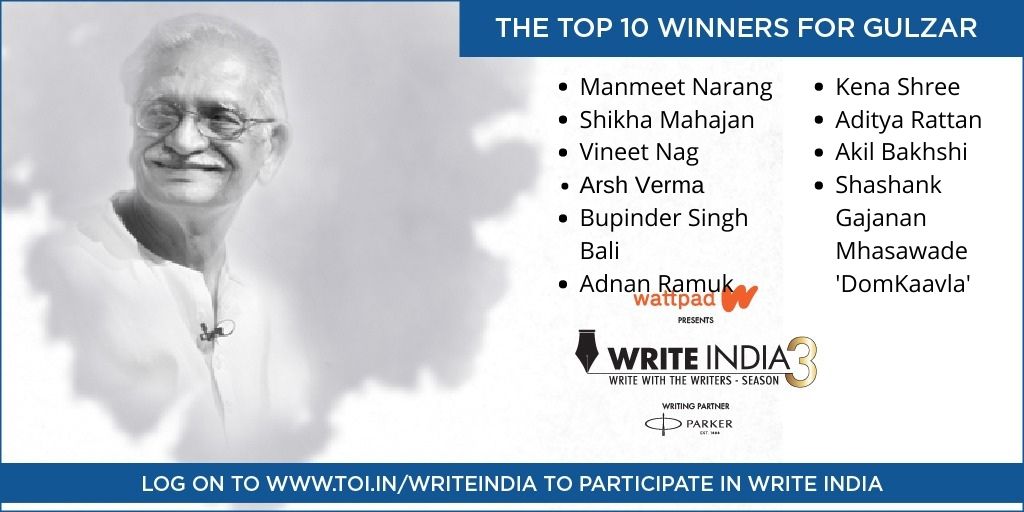 TOI_Books's tweet photo. Here are the top 10 #TOIWriteIndia winners for Gulzar's contest!

Heartiest congratulations to all the winners!  We look forward to reading more such amazing stories.

@wattpadindia 
@ParkerPensIndia 
@VinitaNangia https://t.co/270r6A8LZ5