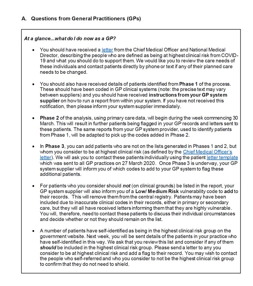 Updated advice from  @NikkiKF  @NHSEngland  @PrimaryCareNHS about managing those at highest risk from  #COVID19.The FAQs help to clear up the confusion. https://www.england.nhs.uk/coronavirus/wp-content/uploads/sites/52/2020/03/20200403-Clinician-FAQs-v_FINAL.pdfThread 4/10