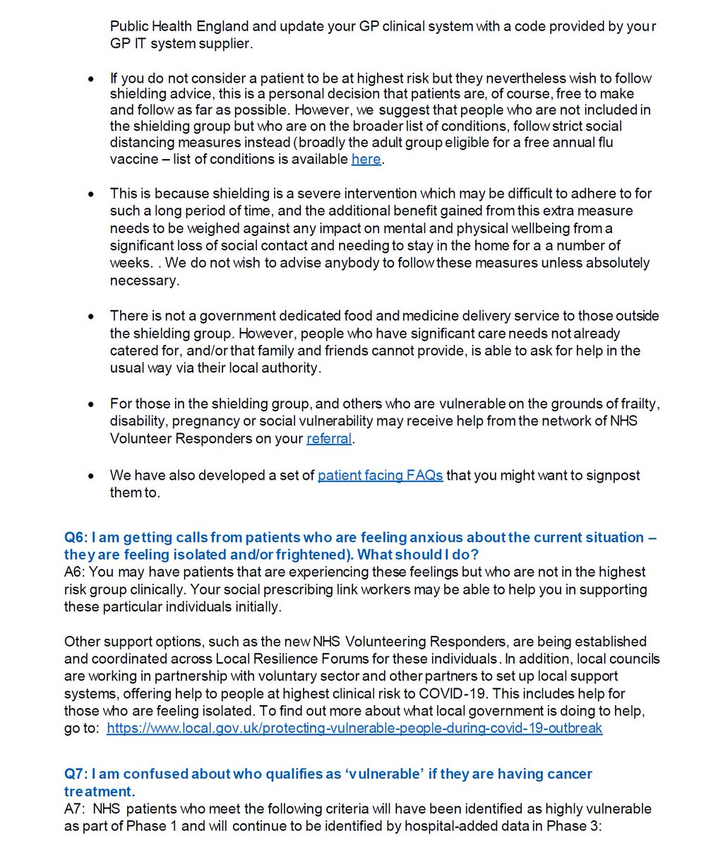 Updated advice from  @NikkiKF  @NHSEngland  @PrimaryCareNHS about managing those at highest risk from  #COVID19.The FAQs help to clear up the confusion. https://www.england.nhs.uk/coronavirus/wp-content/uploads/sites/52/2020/03/20200403-Clinician-FAQs-v_FINAL.pdfThread 4/10