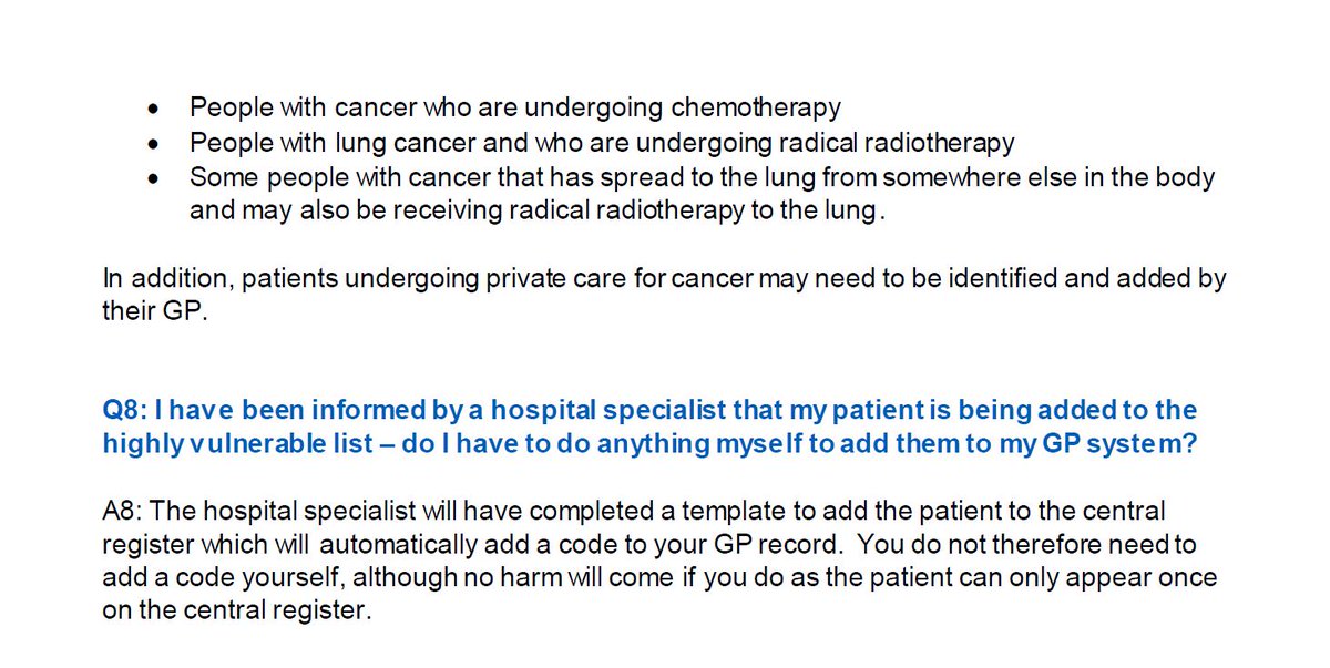 Updated advice from  @NikkiKF  @NHSEngland  @PrimaryCareNHS about managing those at highest risk from  #COVID19.The FAQs help to clear up the confusion. https://www.england.nhs.uk/coronavirus/wp-content/uploads/sites/52/2020/03/20200403-Clinician-FAQs-v_FINAL.pdfThread 4/10