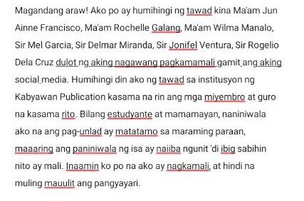 Molo tells ABS-CBN News he was forced to apologize following threat from an ex-teacher. He clarifies the barangay officials in his hometown in Nueva Ecija (his mother is a brgy tanod) did not pressure him to read apology. He posted video online, which went viral.