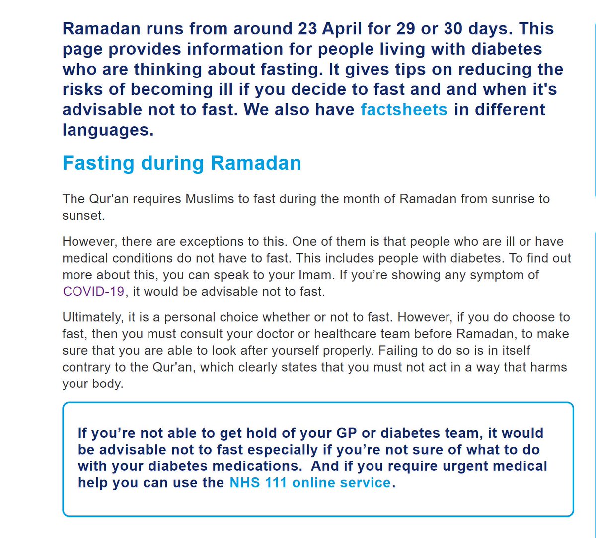 Don’t forget  #ramadan from approx 23rd April for 29/30 days.  @DiabetesUK have updated their website with additional information. If you are showing any symptom of  #COVID19 it is advisable not to fast. https://www.diabetes.org.uk/guide-to-diabetes/managing-your-diabetes/ramadanThread 9/10